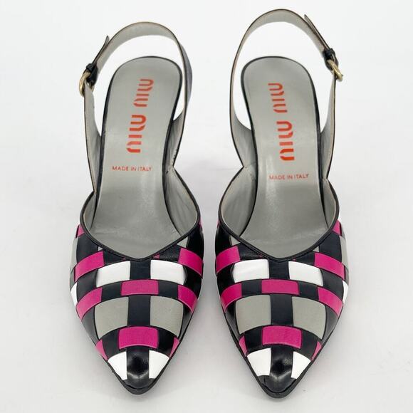 Vintage Retro Miu Miu Pink Black White Woven Pointed Toe Slingback Pump IT 39 - Picture 5 of 11